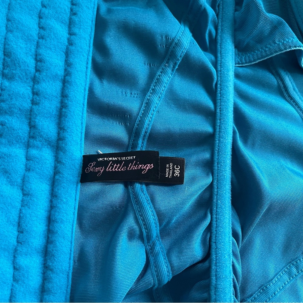 victoria’s secret bustier-shiny satin turquoise aqua blue ruffle lace vintage - Picture 9 of 10